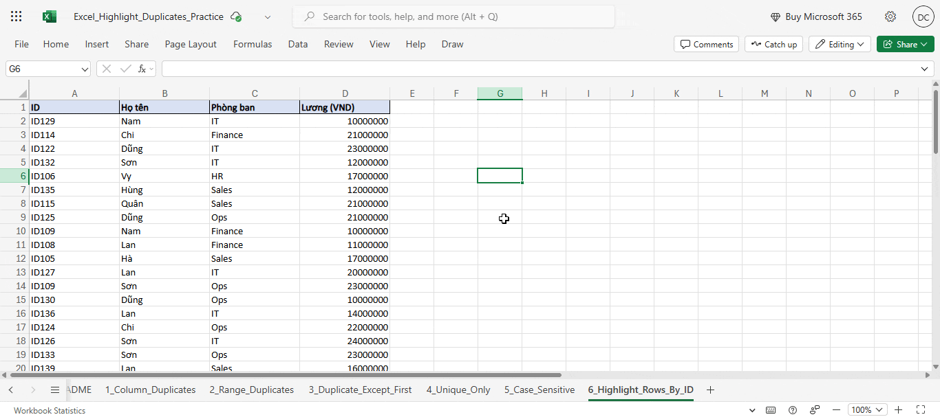 tô màu cả dòng khi có ô trùng dữ liệu
