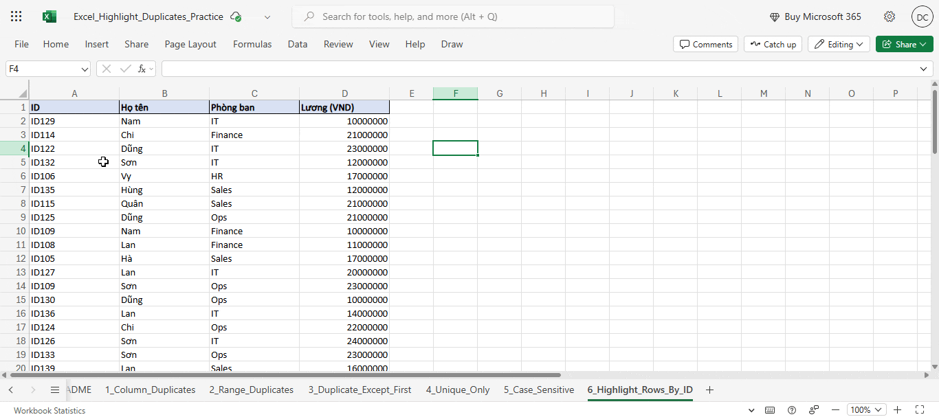 tô màu ô trùng dữ liệu trong cả vùng dữ liệu
