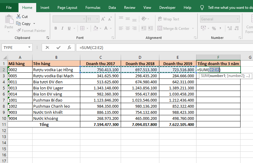 Cách tính tổng theo hàng ngang trong Excel 5
