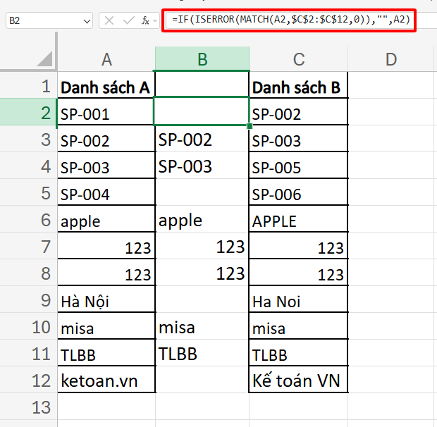 công thức lấy giá trị trùng lặp giữa 2 cột