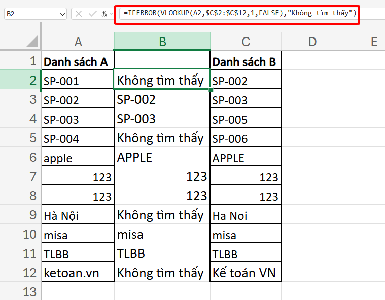 công thức lọc tìm khớp giá trị giữa 2 cột