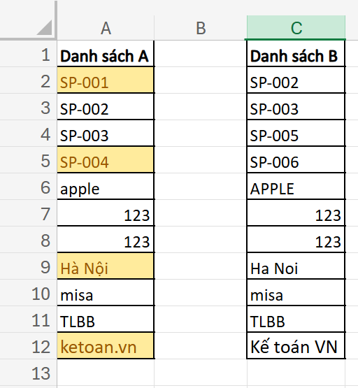 kết quả tô màu giá trị khác nhau giữa 2 cột