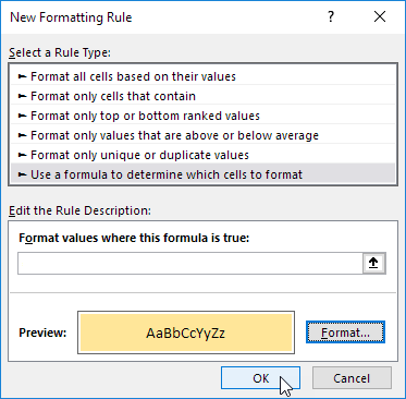 new formatting Rule trong excel