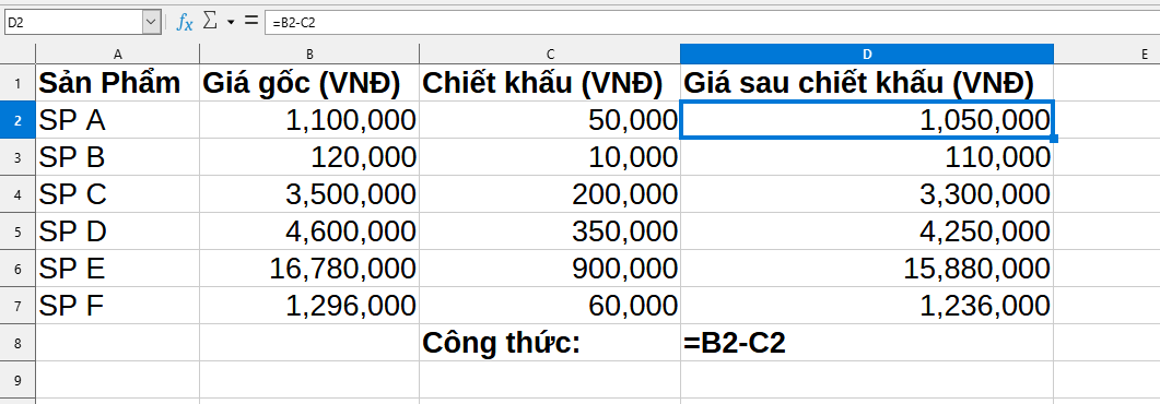 bảng tính chiết khấu theo giá cố định trong Excel