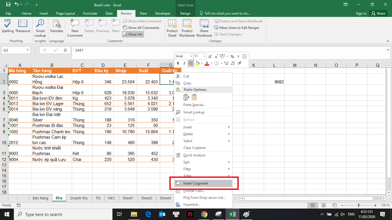 cách sửa và ẩn hiện chú thích trong bảng tính Excel 1