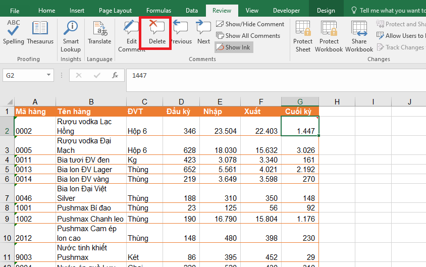 xóa ghi chú trong excel với thẻ Review