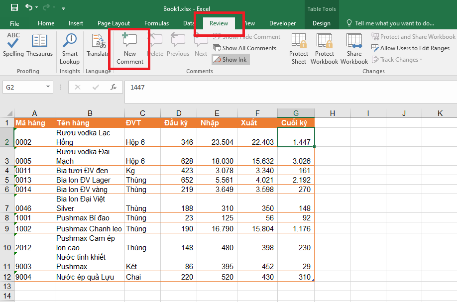 cách sửa và ẩn hiện chú thích trong bảng tính Excel 2