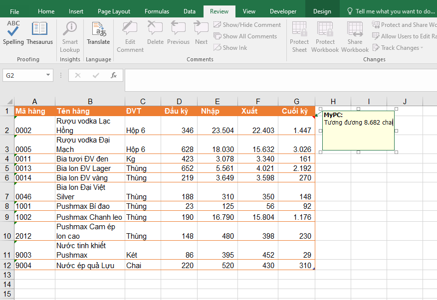 cách sửa và ẩn hiện chú thích trong bảng tính Excel 3