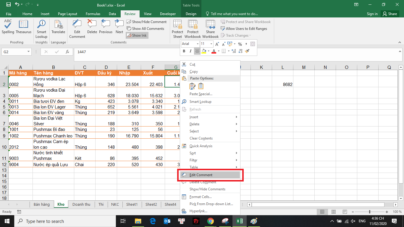 cách sửa và ẩn hiện chú thích trong bảng tính Excel 5