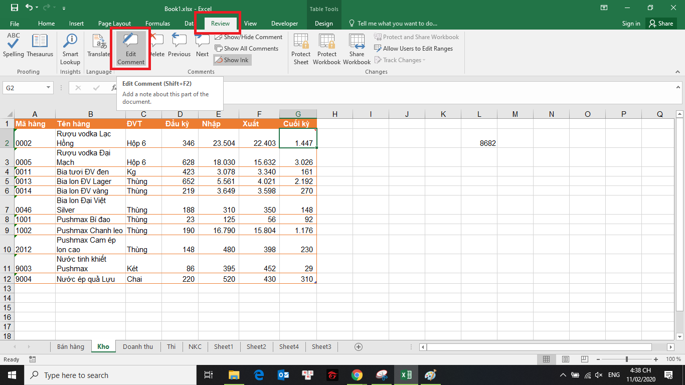 cách sửa và ẩn hiện chú thích trong bảng tính Excel 6
