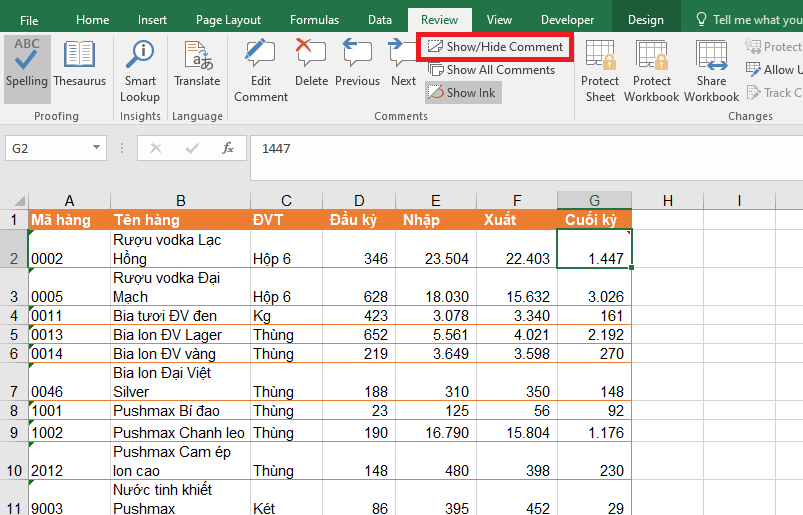 cách sửa và ẩn hiện chú thích trong bảng tính Excel 7