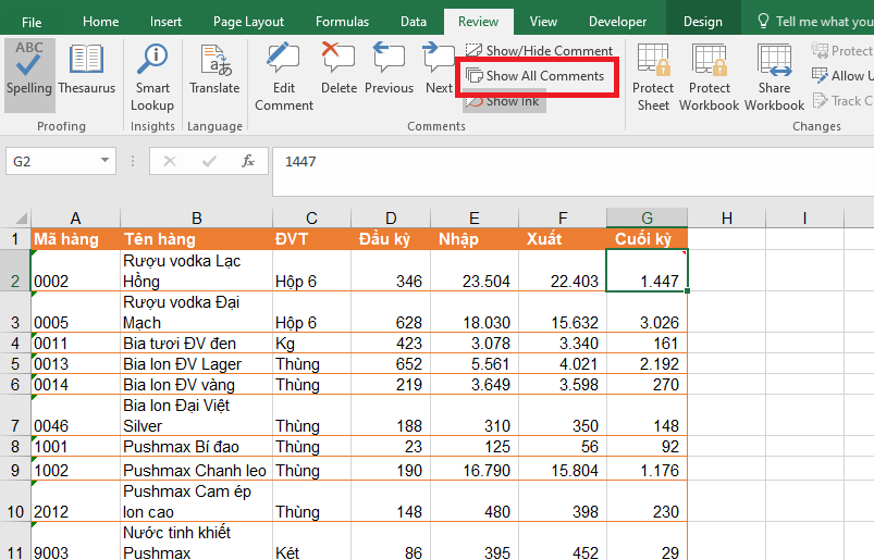 cách sửa và ẩn hiện chú thích trong bảng tính Excel 8