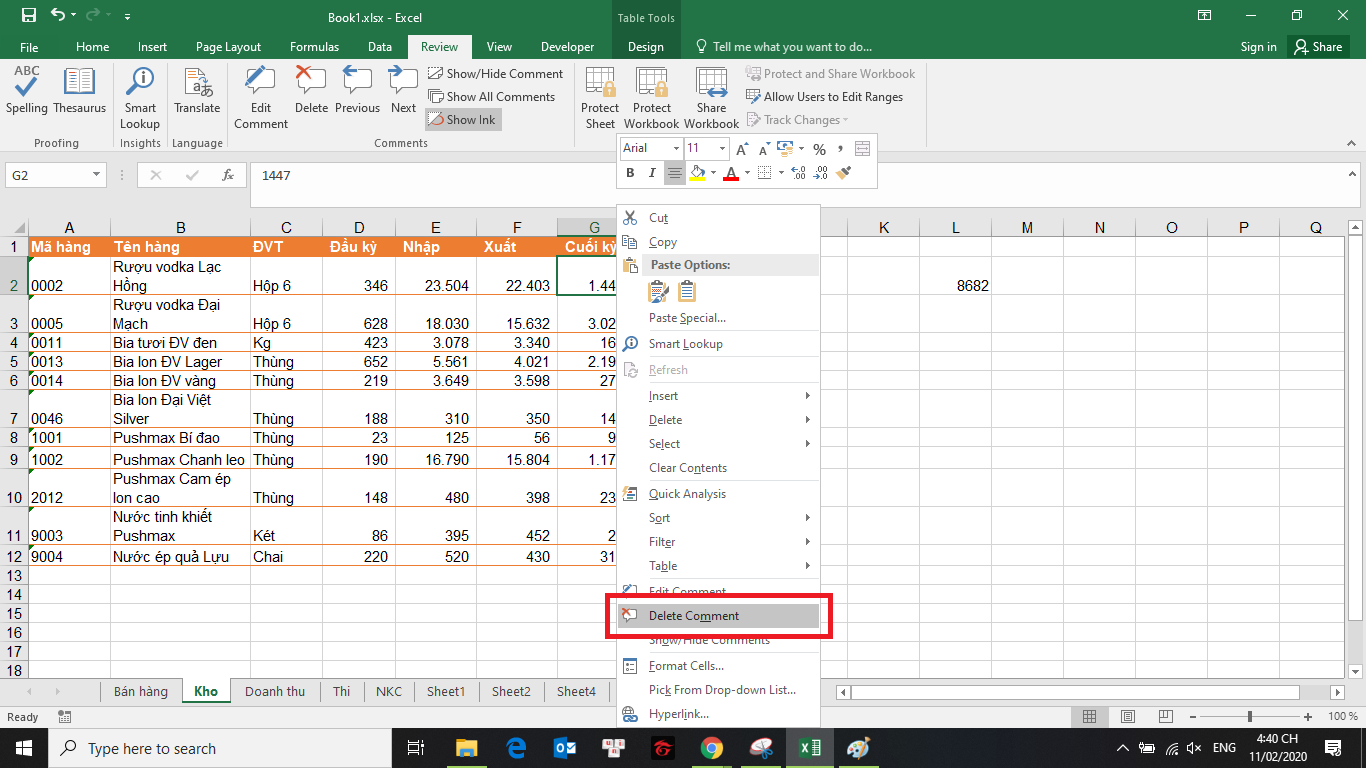 cách xóa comment trong excel