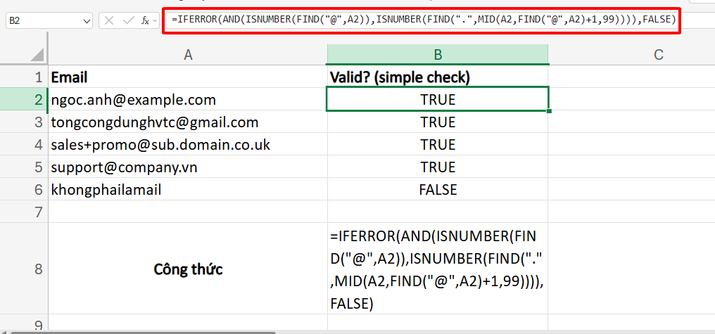 hàm kiểm tra tính hợp lệ của email