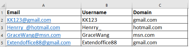 kết quả tách email bằng text to columns