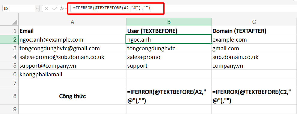 tách email thành user và domain