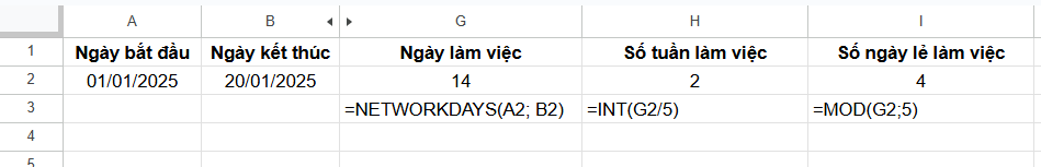 tính ngày lẻ và số tuần chỉ tính ngày làm việc trong Excel