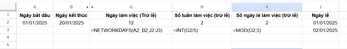 tính số ngày lẻ và số tuần trừ lễ trong excel