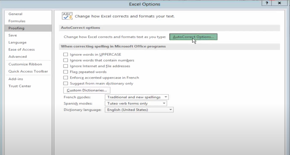 bật tắt tính năng AutoCorrect