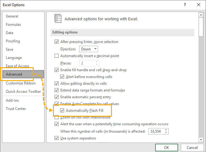 cách bật tắt tính năng Flash Fill
