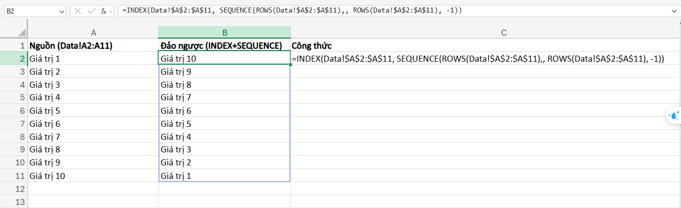 cách đảo ngược dữ liệu cột với hàm Index