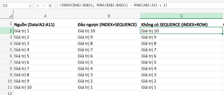 cách đảo ngược dữ liệu với hàm Index và Row