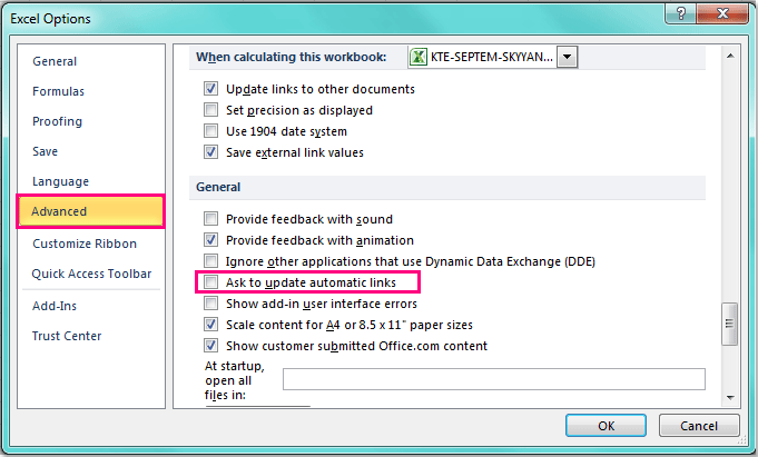 Tắt thông báo Update Links trong excel options