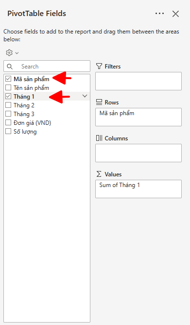 chọn giá trị trong PivotTable Fields