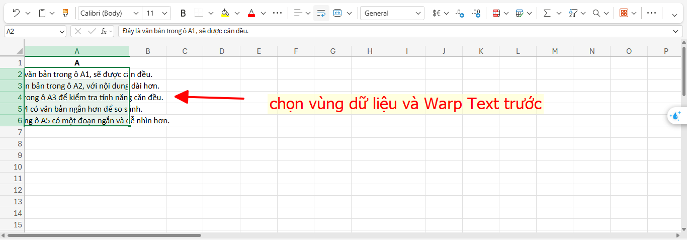 chọn vùng dữ liệu và warp text