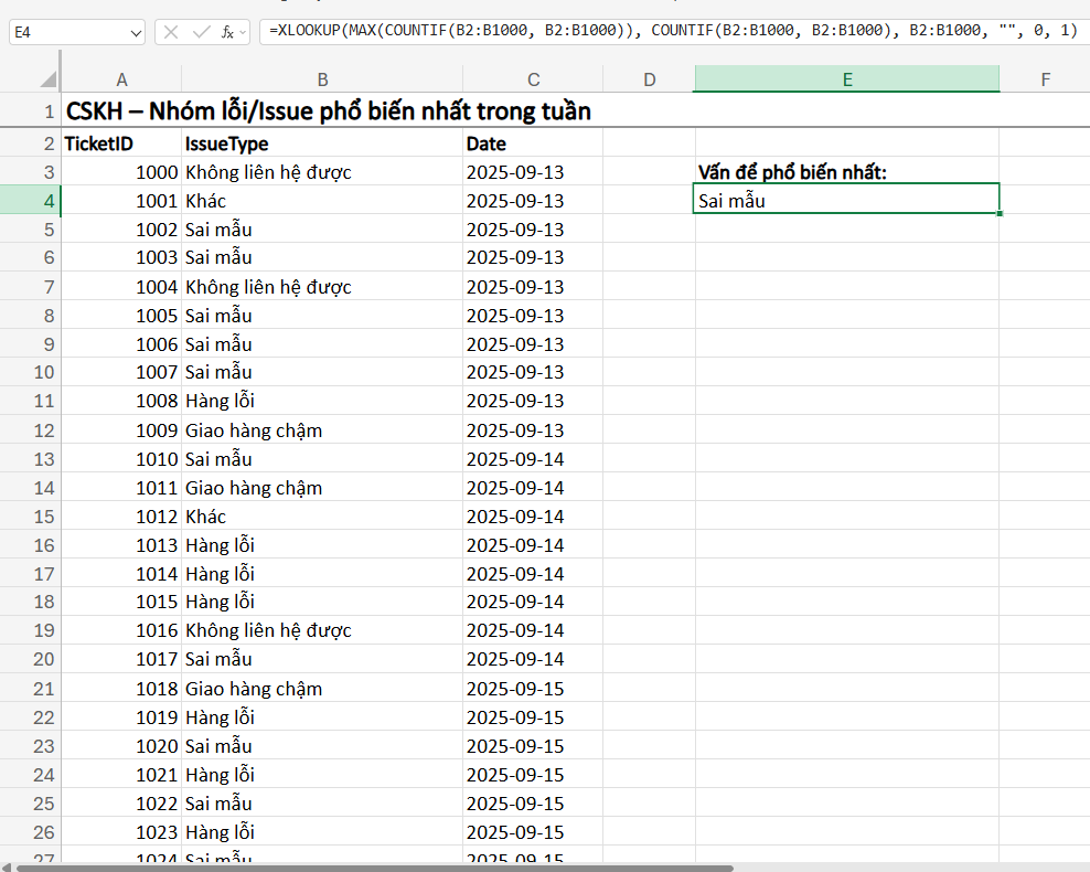 công thức lấy giá trị xuất hiện nhiều lần nhất trong excel