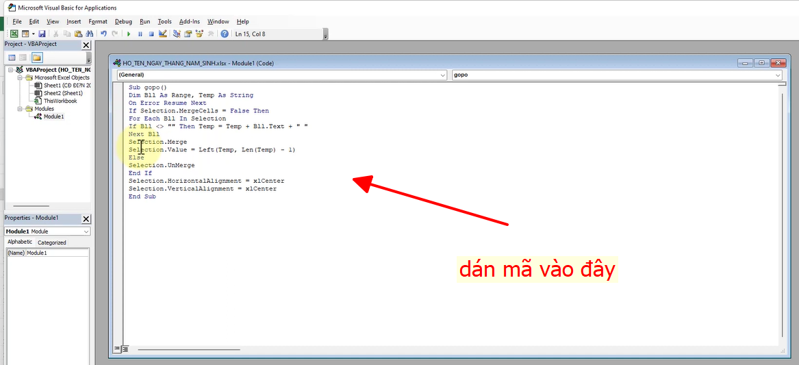 dán mã macro gộp ô