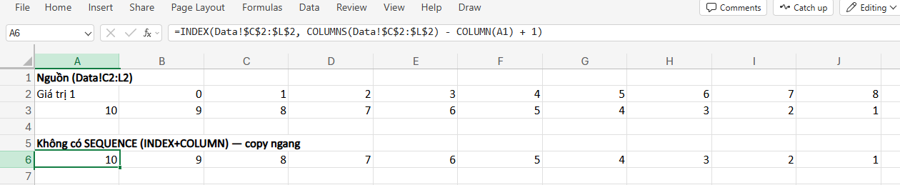 đảo ngược dữ liệu hàm với INDEX và COLUMNS