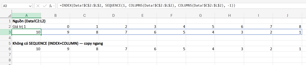 đảo ngược dữ liệu hàng với hàm INDEX và SEQUENCE