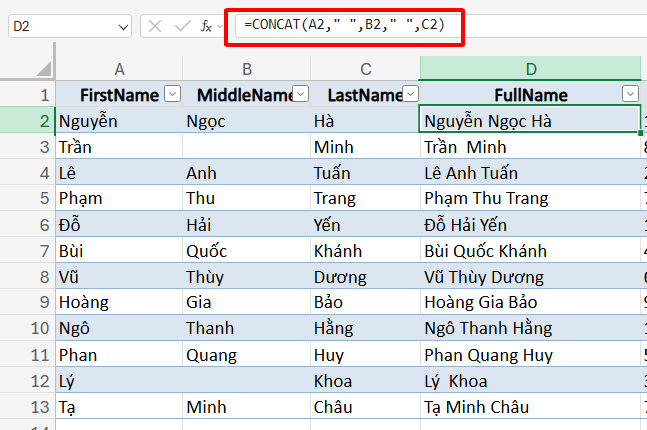 gộp dữ liệu nhiều ô với hàm CONCAT