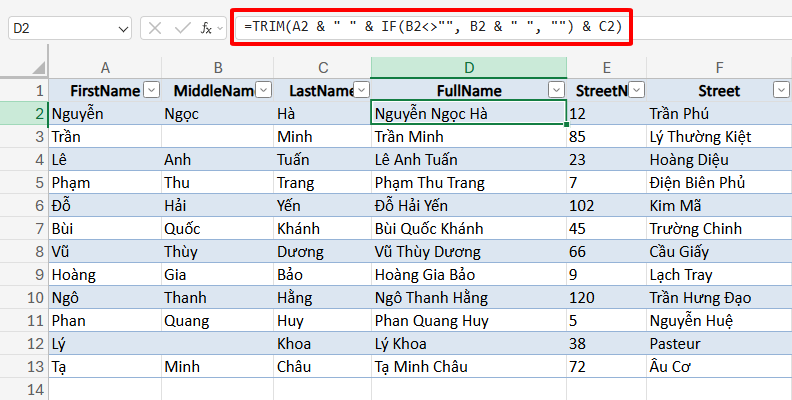 gộp dữ liệu nhiều ô với hàm TRIM