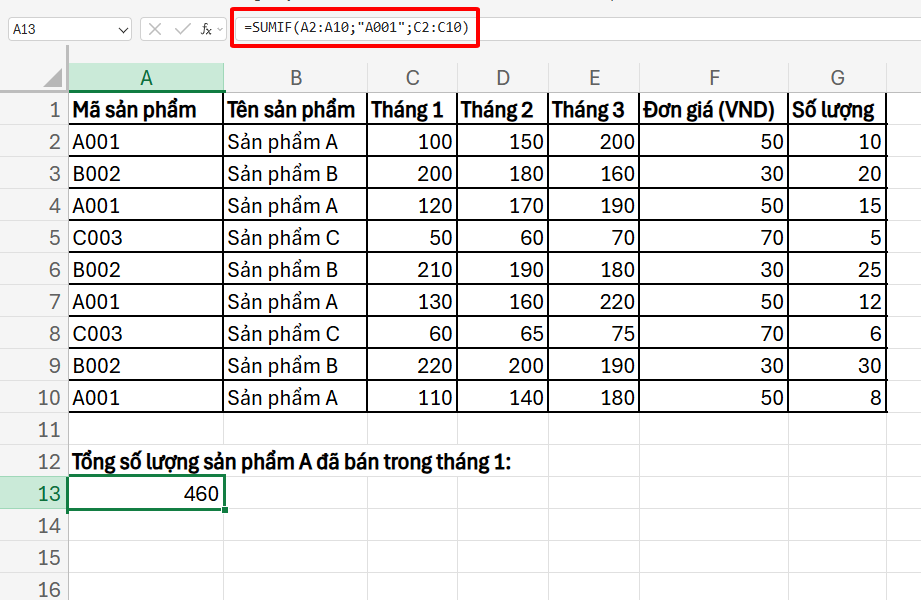 hàm SUMIF tính tổng các giá trị có mã giống nhau