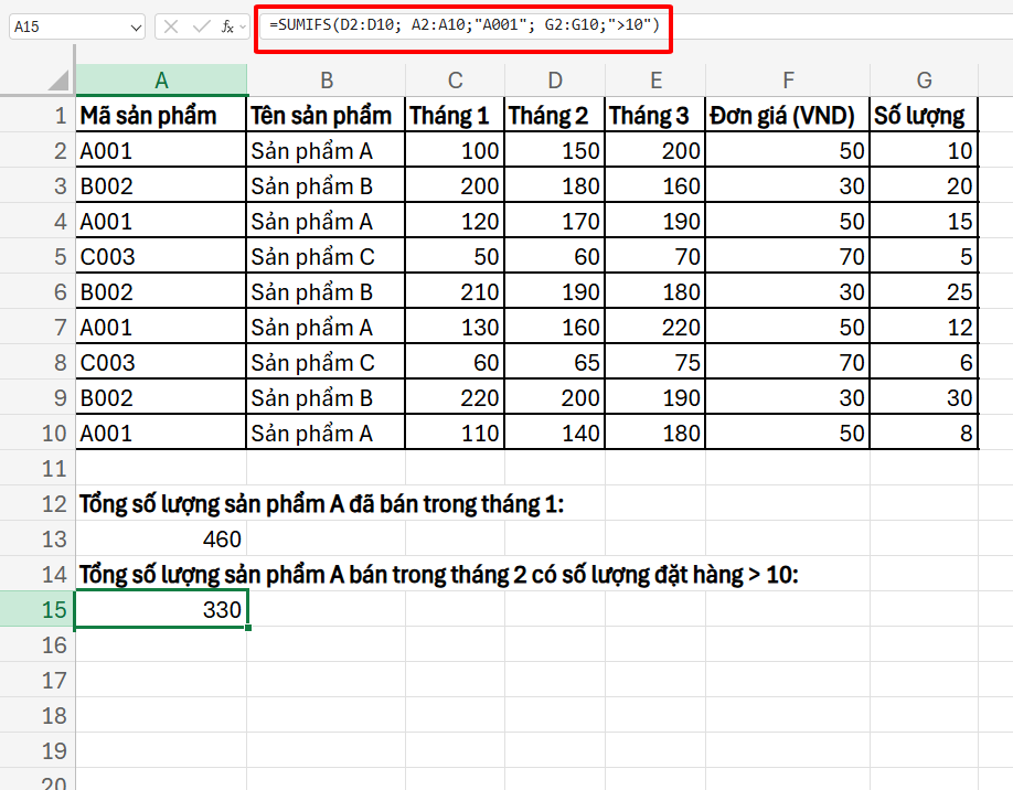 hàm SUMIFS tính tổng các giá trị có mã giống nhau