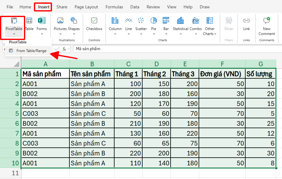 mở pivotTable trong Excel