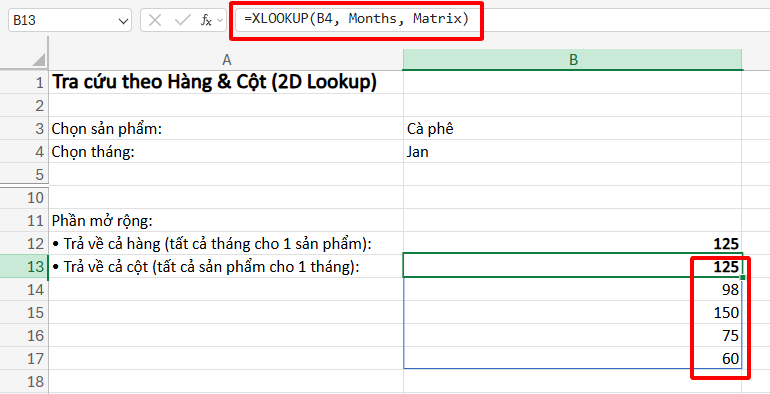 Hàm XLOOKUP trả mảng dữ liệu theo cột