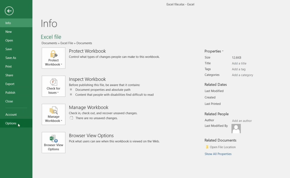 Mở cài đặt options trong Excel