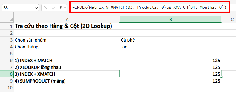 hàm index và XMATCH để tìm dữ liệu theo hàng và cột
