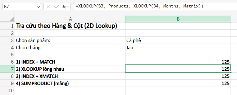 tìm dữ liệu theo hàng và cột với hàm XLOOKUP lồng nhau