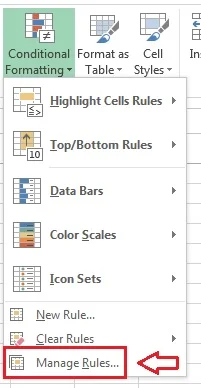 mở manage rules trong Excel